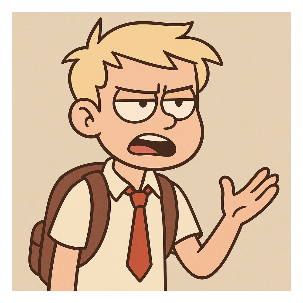 school student guy, light hair, annoyed and displeased expression, talking, simple flat toon style sticker