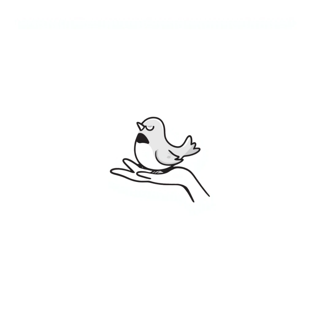 A small cute bird perched on an outstretched human hand/palm in pastel colors (dd9fb0, ffc6d3, a3bfc9, c4bee2, f1b091), hand-drawn doodle style sticker