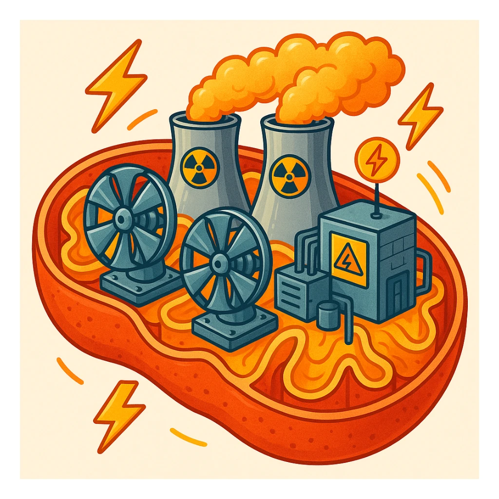 only mitochondria-nuclear power plant: turbines, reactors, energy symbols, no organs or foreign elements, illustrative style, vibrant colors, light background sticker