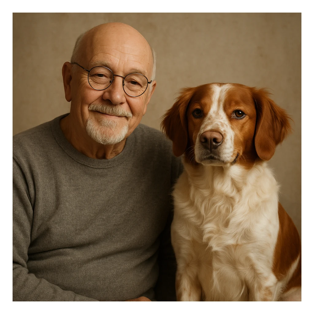 bald old man with round glasses and a grey goatee, sitting beside a Brittany Spaniel, both looking content sticker