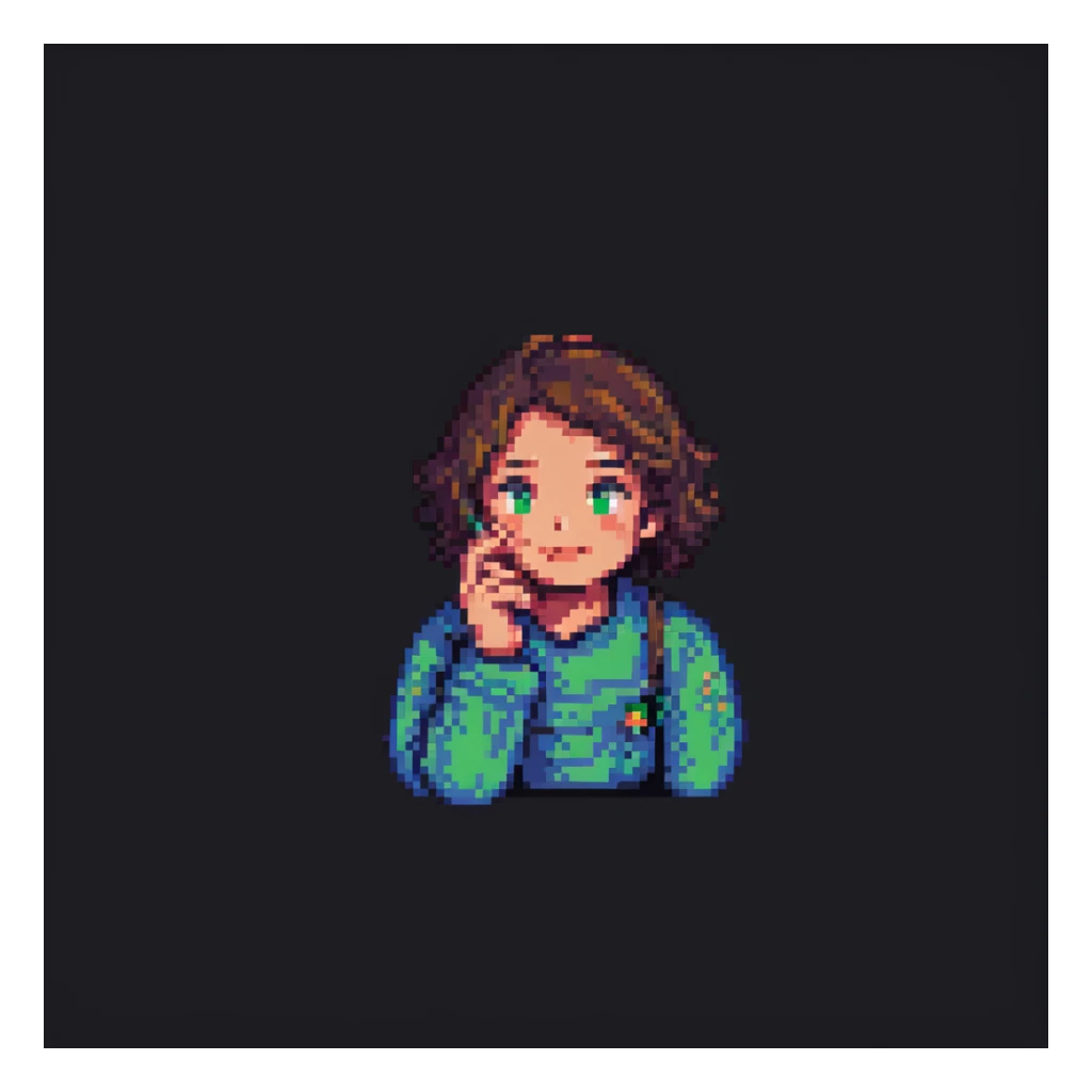 thinking face, looking up, hand on chin, pixel art style sticker