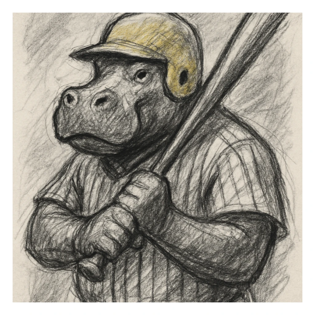 hippo holding a baseball bat, wearing a yellow helmet, pinstripes outfit sticker