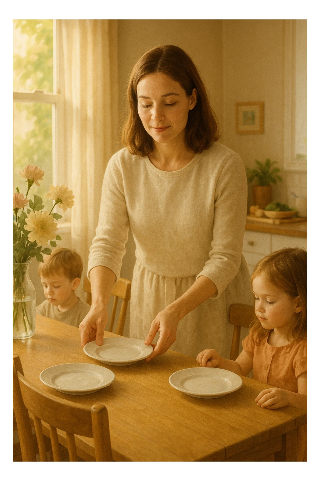 "Donna tra i 30 e i 40 anni, all’interno della sua casa luminosa, mentre prepara la tavola o accudisce i figli con un’espressione dolce e serena. Indossa abiti semplici e curati, simbolo di cura e presenza. Sullo sfondo si vedono dettagli di una casa armoniosa: fiori freschi, libri per bambini, un pranzo in preparazione. La scena trasmette calore, dedizione e stabilità familiare. Elementi visivi di supporto: luce solare che entra dalla finestra, atmosfera calda e rassicurante. Stile realistico con toni caldi e tenui sticker