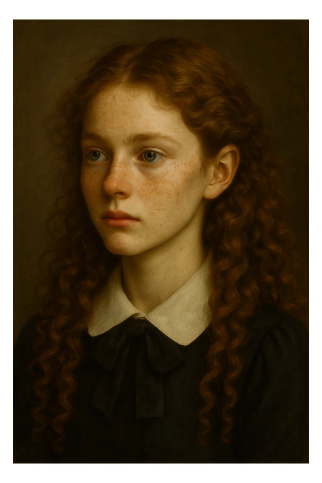 Make the girl's hair longer and curly, and put her in a school uniform. Maintain the original style and details of the image. sticker