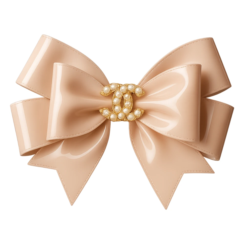 Add a solid black background behind the elegant bow with pearls and gold Chanel logo, glossy, pastel colors, realistic style with soft reflections and highlights on the bow and pearls. sticker