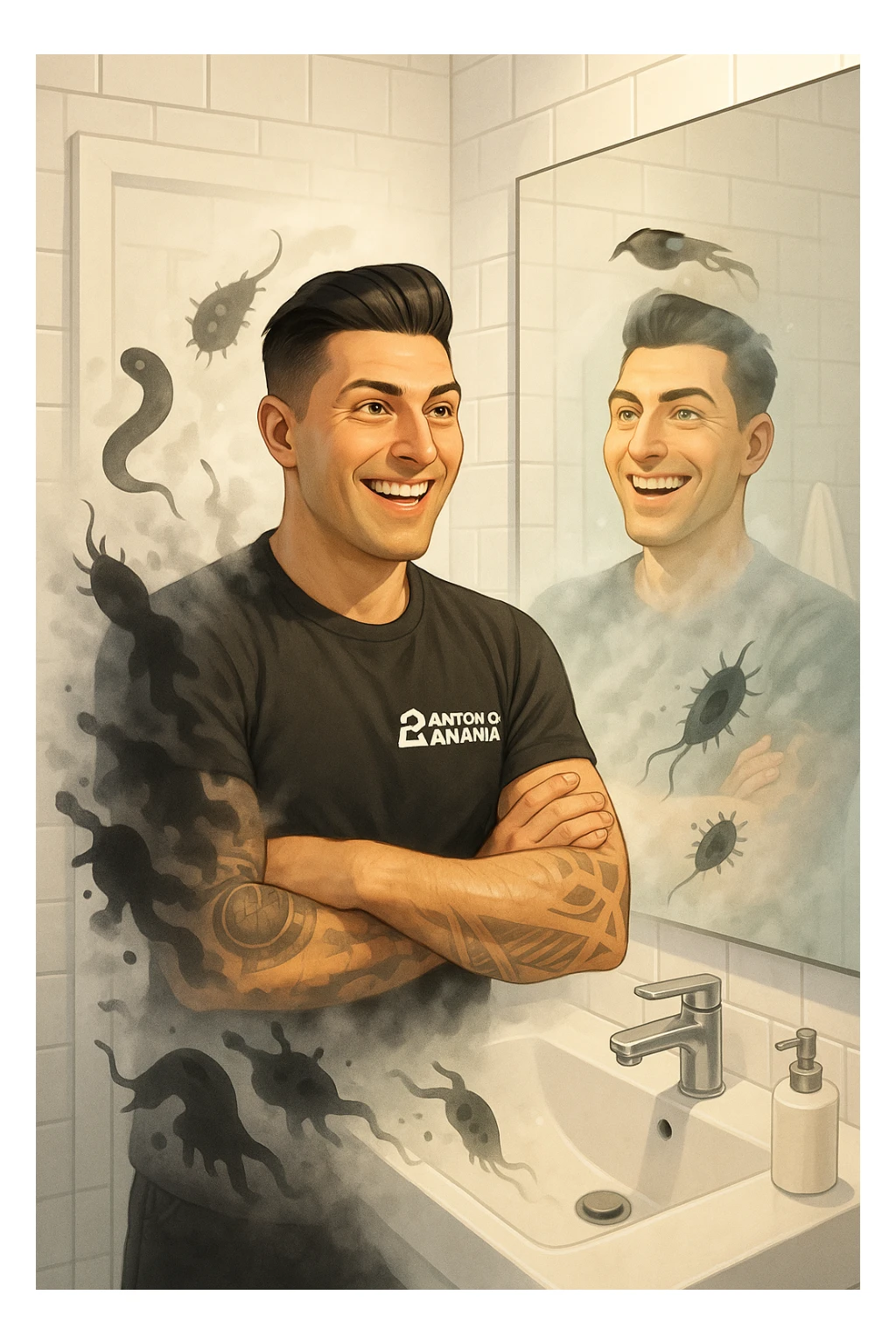 a man stands in a brightly lit bathroom, looking relieved and revitalized as he examines his reflection in the mirror. In the foreground, stylized, shadowy images of parasites (such as worms or protozoa) are shown leaving his body, dissolving into mist or fading away. His posture is upright and his expression is one of newfound energy and health. sticker