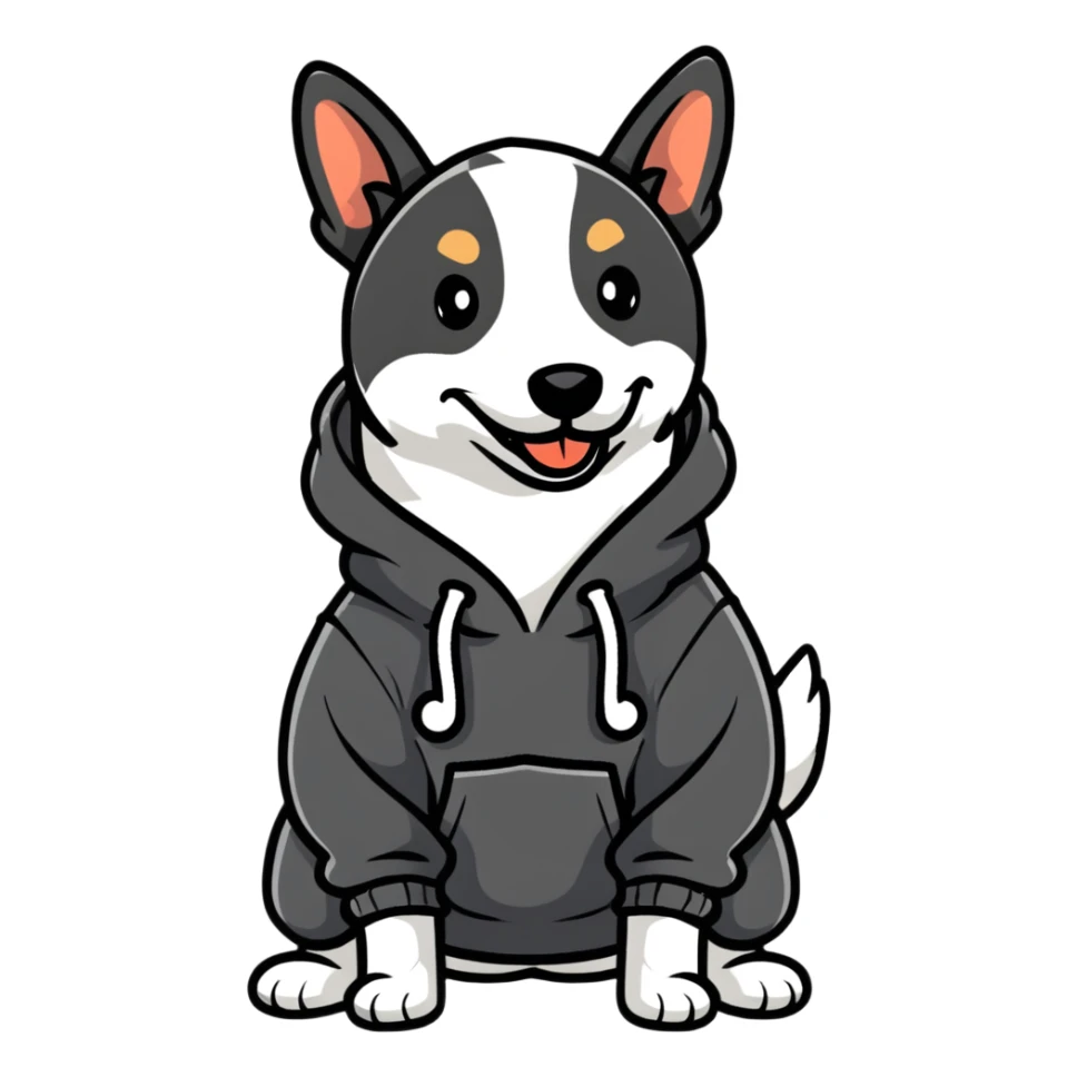 Dog wearing a hoodie with thumb up sticker