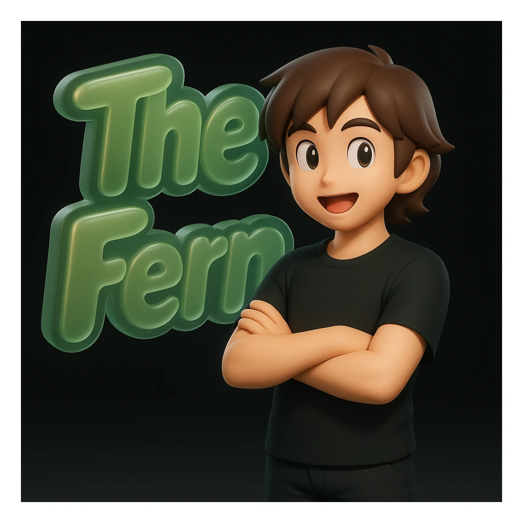 Make the anime man cross his arms while standing in front of the green bubble letters that say 'The Fern'. He should still have a black t-shirt, no jacket, medium-length brown hair, and an expressive anime face. Keep the rounded, glossy, energetic vibe in Matte Glass style. sticker