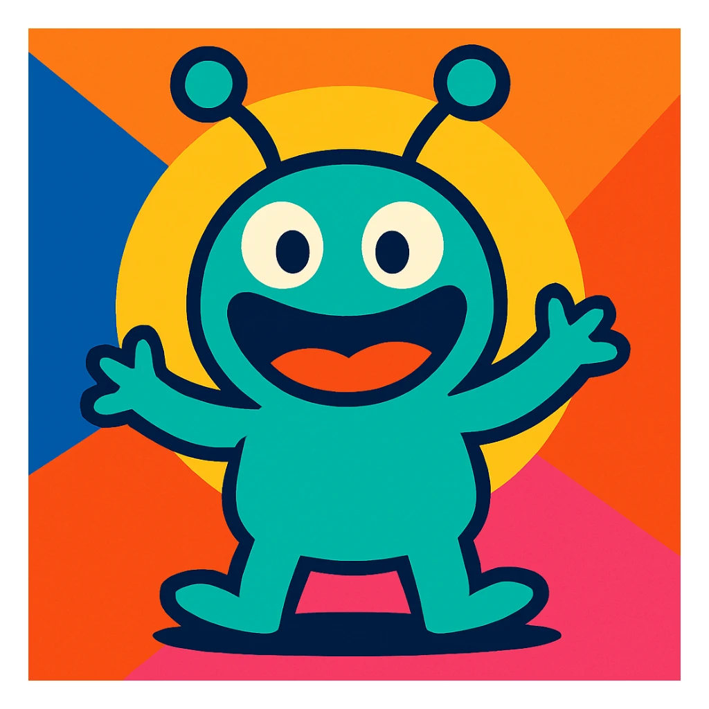 a playful alien with antennae and a big smile sticker