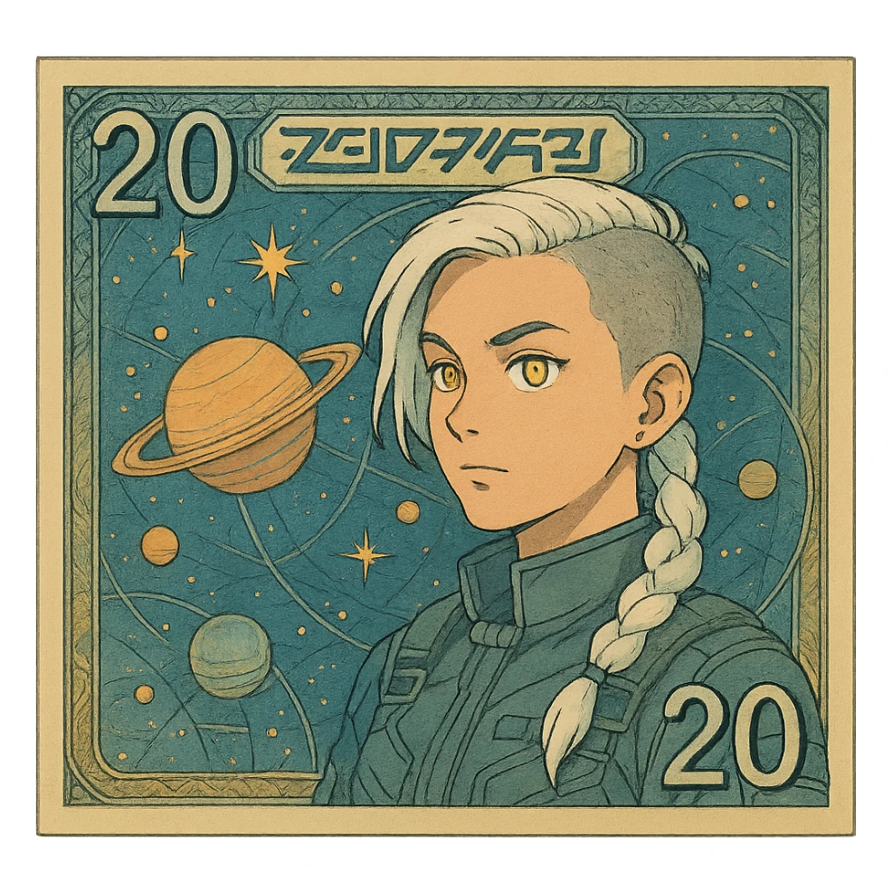 a banknote bill. full frame close up of a "20 crisp" banknote. futuristic, cyberpunk. stellar and planetary style designs adorn the bill. the face pictures is a woman in her 20's, gold yellow eyes, white hair in a single long braid, side of head shaved. she wears a military flight bdu sticker