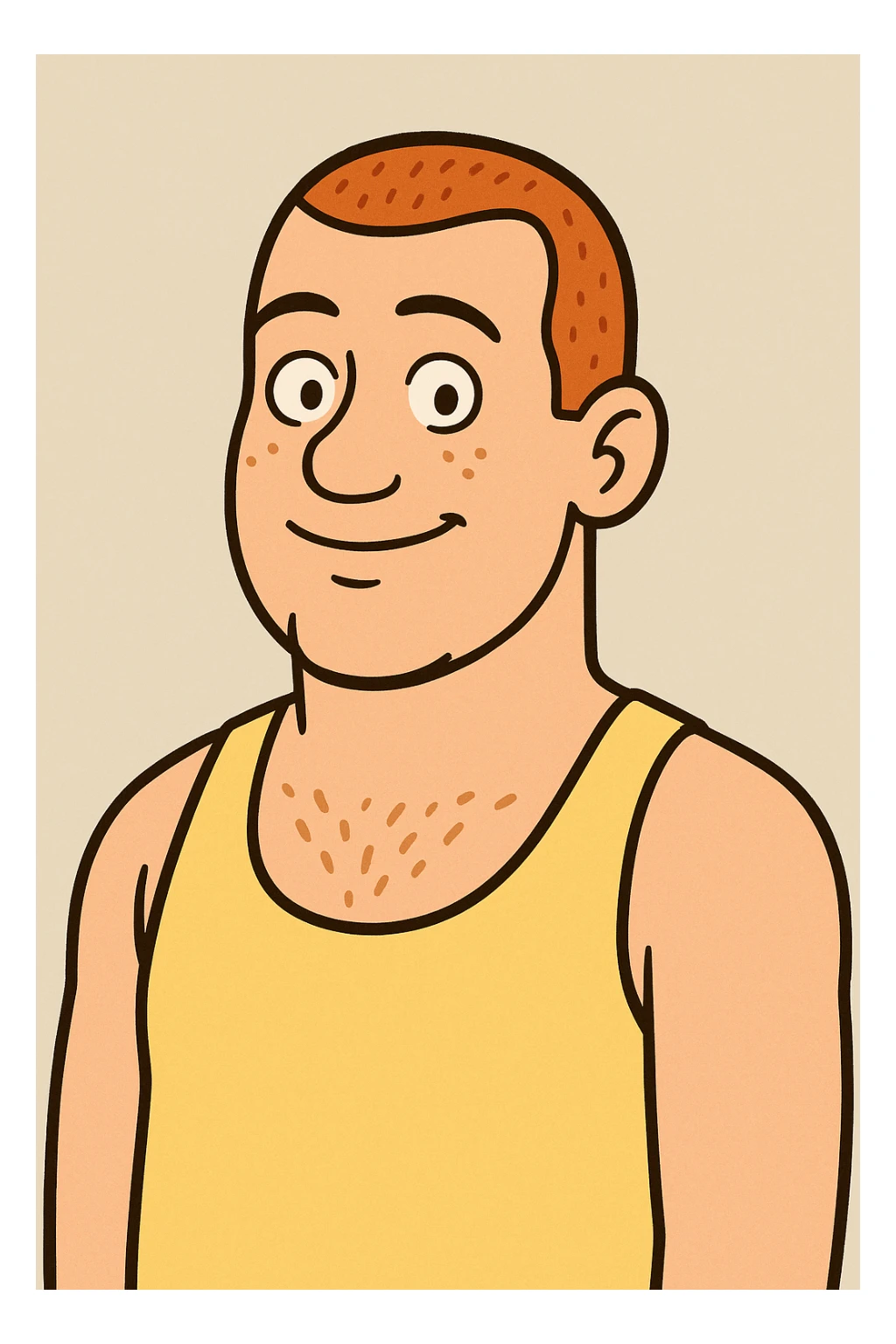 redhead man with a buzz cut wearing a yellow tank top, upper body, friendly expression, neutral background sticker