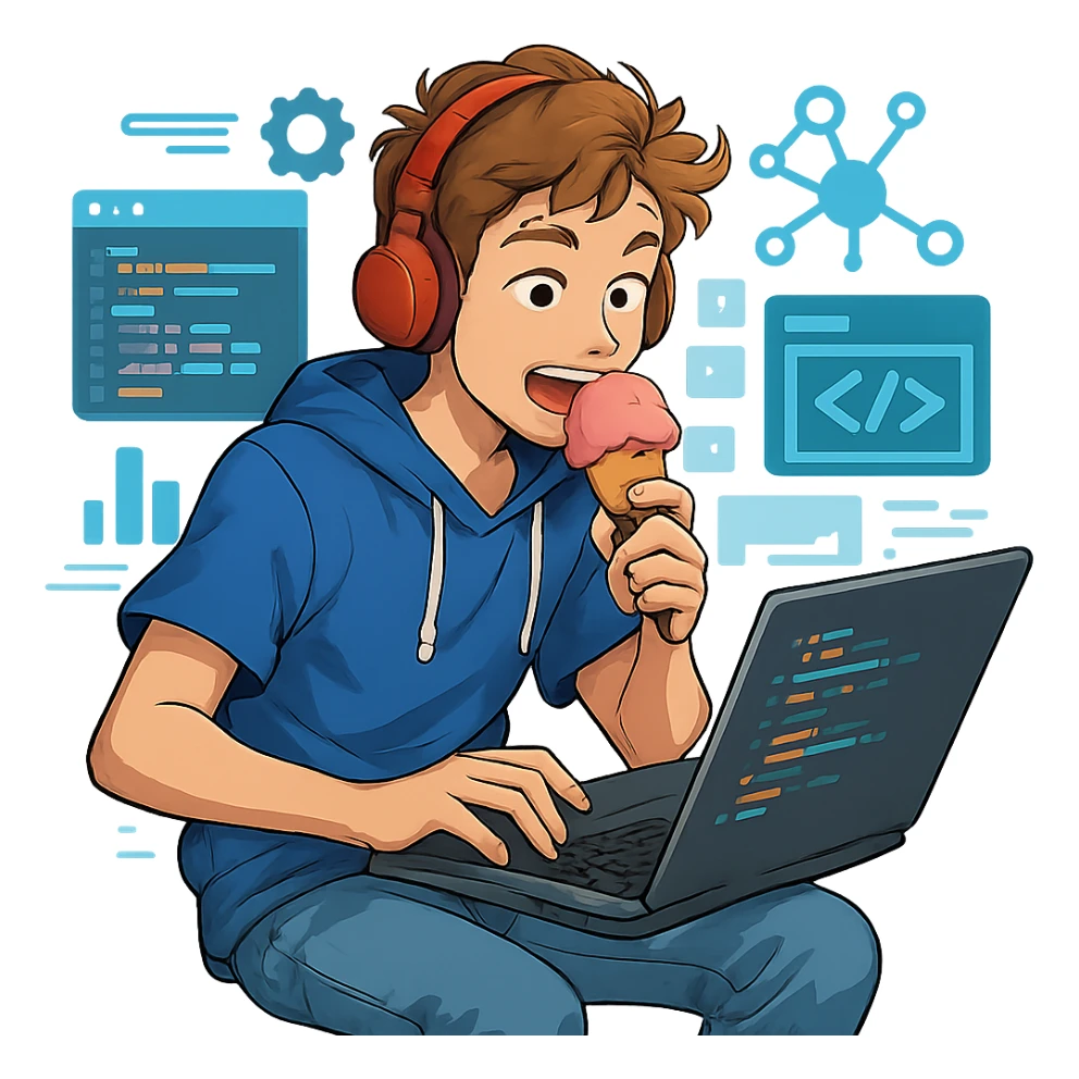 a white teenager eating ice-cream while coding busily on a laptop, energetic, modern, casual outfit, lively tech environment sticker