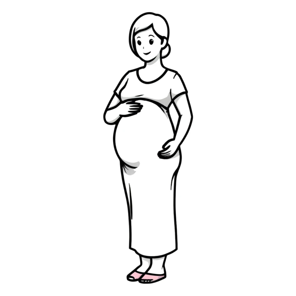 happy pregnant woman in second trimester, showing baby bump sticker