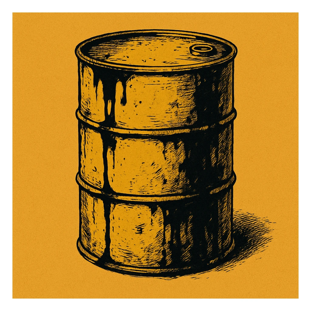 Сгенерируй мне темно желтую бочку чуть испачканную нефтью в стиле японского комикса на однородном фоне. Она должна .смотреться ебать как стильно. Без рисунка капли.  sticker
