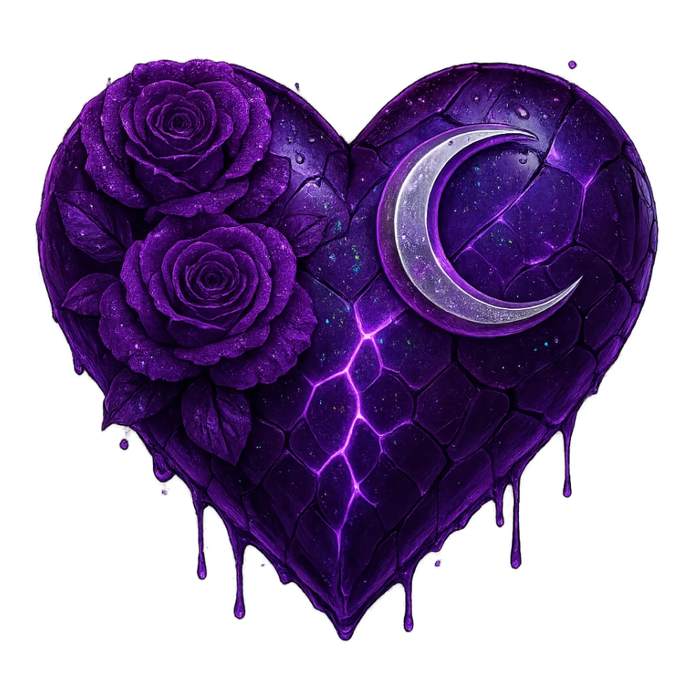 Edit the gothic heart to feature splintered deep purple glass, a silver crescent moon, purple roses, holographic stardust, neon lightning, and a wet look. Keep the background transparent. The style should reflect a detailed and vibrant gothic aesthetic with emphasis on the glass texture and reflective wet surface. sticker
