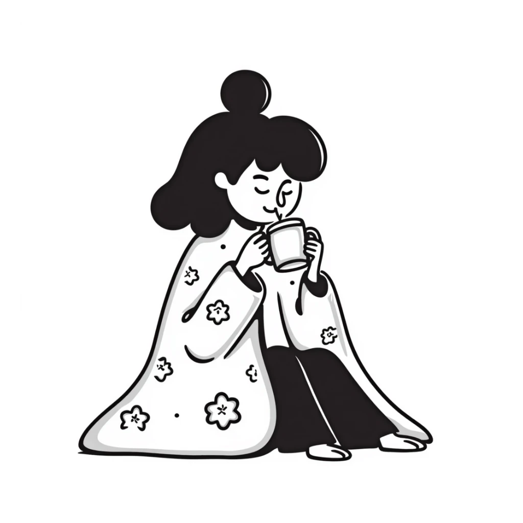 girl inside a blanket sipping coffee, eyes closed, style 2 sticker
