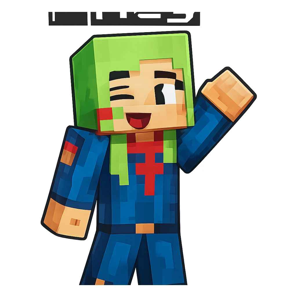 Extract the first character from the left with green hair and blue outfit labeled 'Meg' as a fully visible, separate image with a transparent background, keeping the original Minecraft cartoon style and appearance. sticker