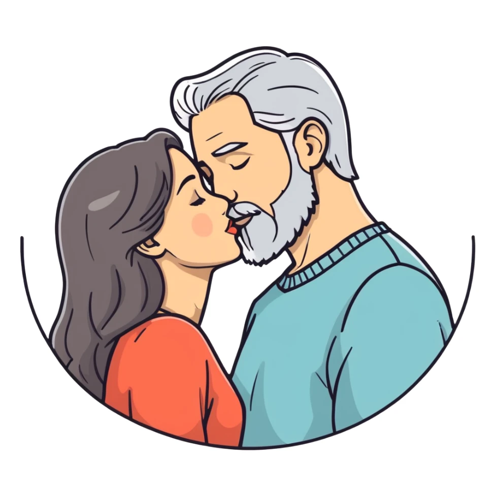 Grey haired bearded man and pretty brunette woman kissing  sticker
