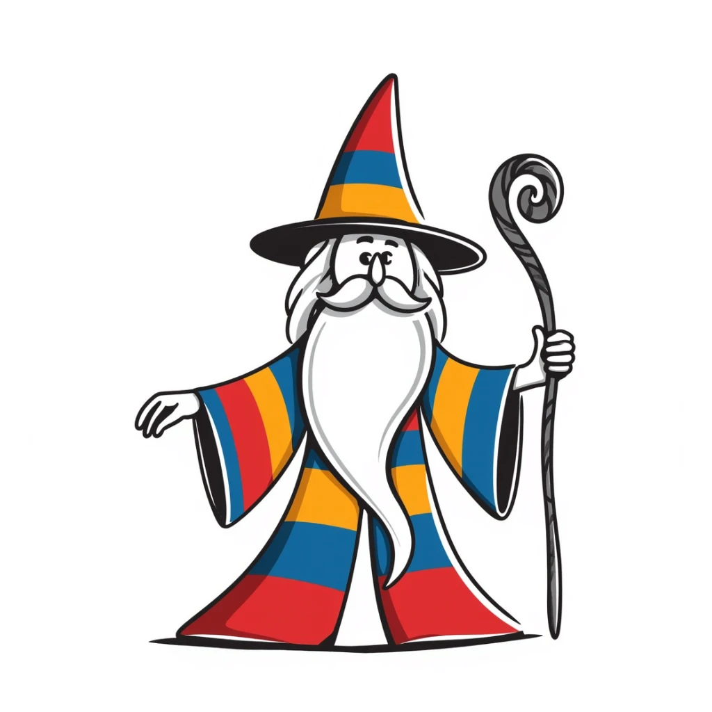 Hand-drawn wizard with beard and Armenian flag colors (red, blue, orange) on robe and hat sticker