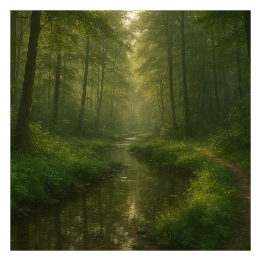 realistic 1920x1080 forest landscape in early morning, dense trees, clear stream winding through foreground, soft golden morning light, lush greenery, detailed water reflections, gentle mist, no wildlife sticker