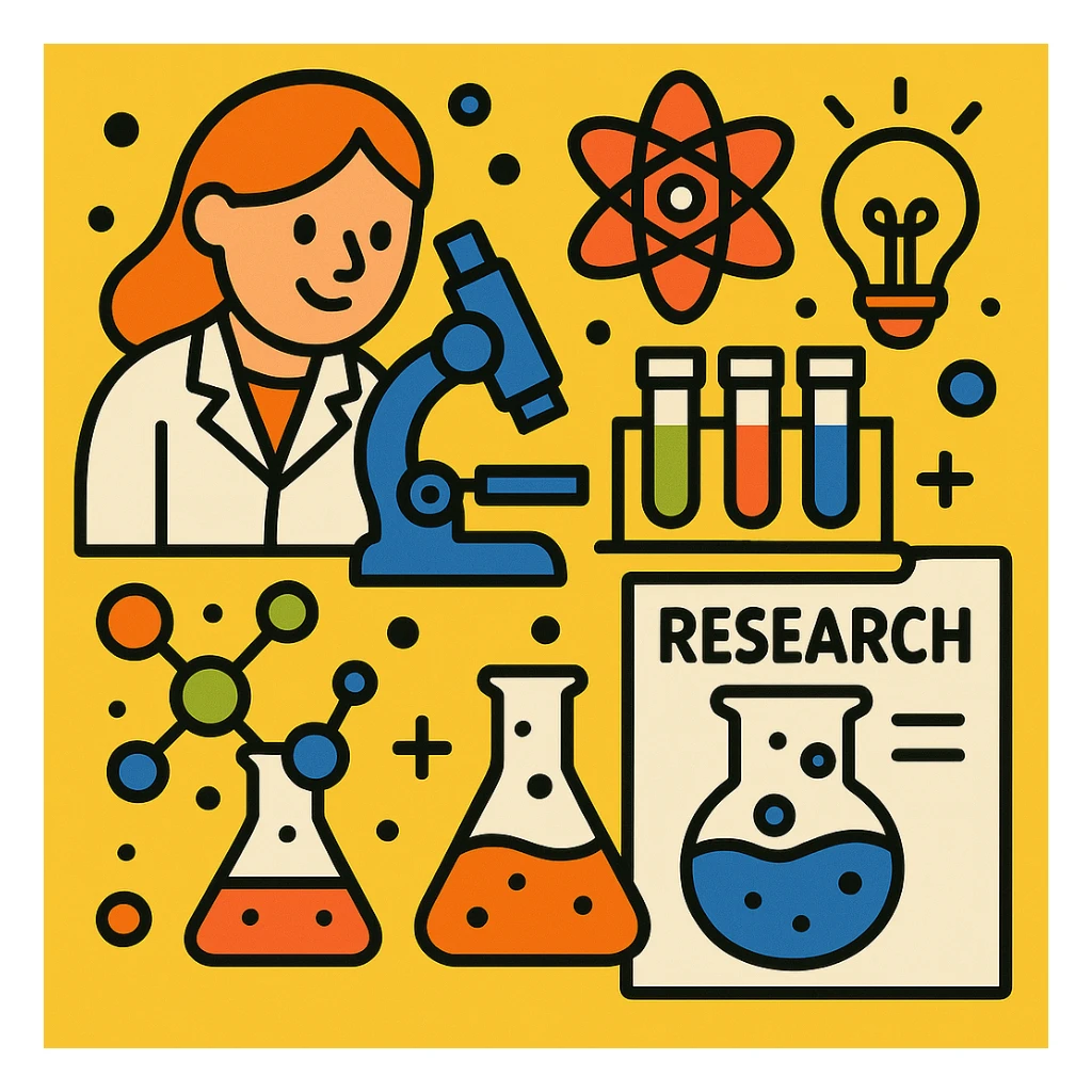 Add a microscope to the scientific research icon, keep it colorful, playful, cartoon style sticker