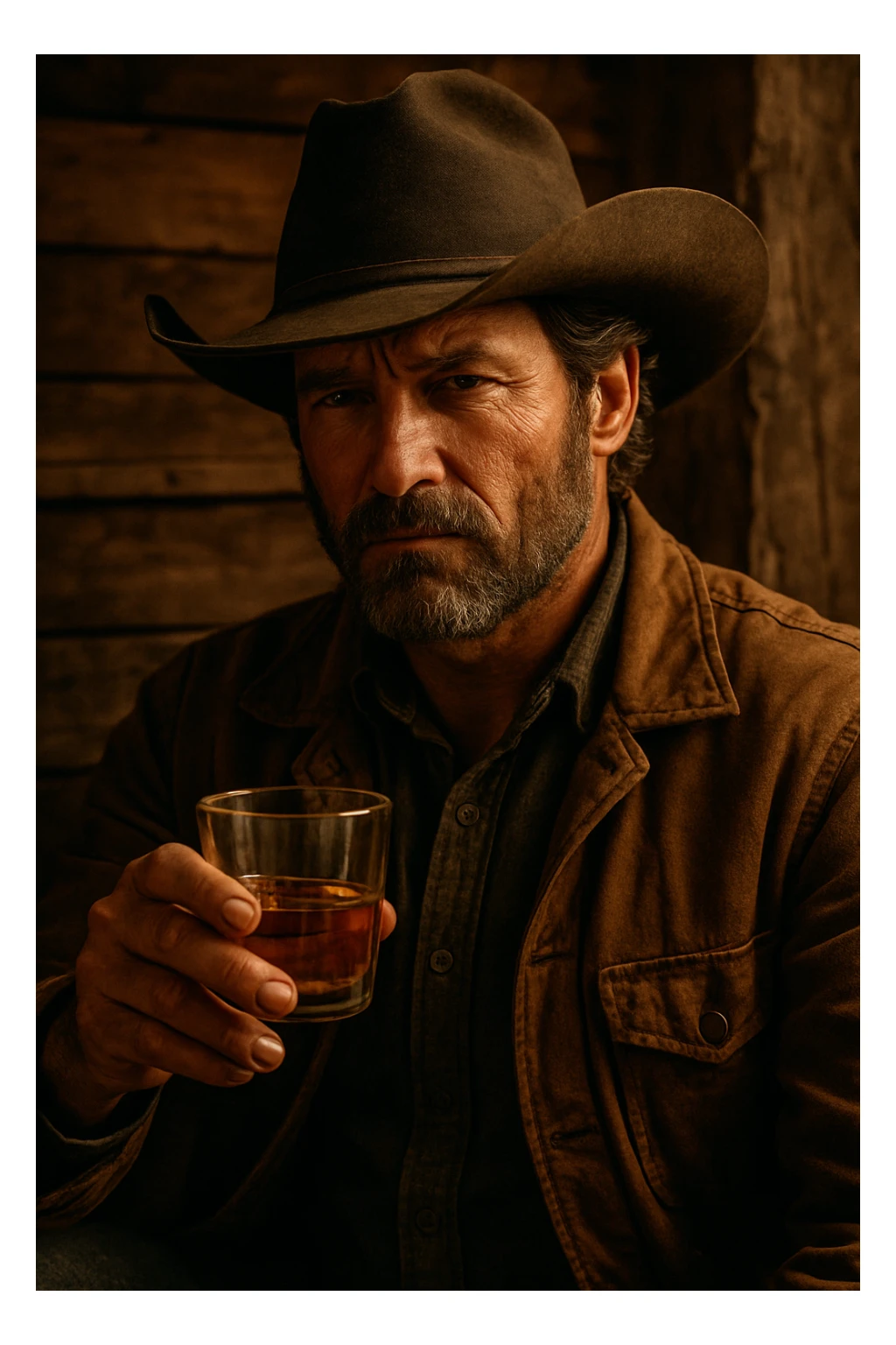 A man wearing a cowboy hat holding a glass of whiskey sticker