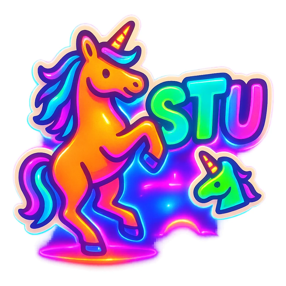 Enhance this emoji with strong neon effects: make the graffiti 'STU 🦄' and unicorn glow with bright neon colors and a dynamic light aura, suitable for Discord, keep the background as is. sticker