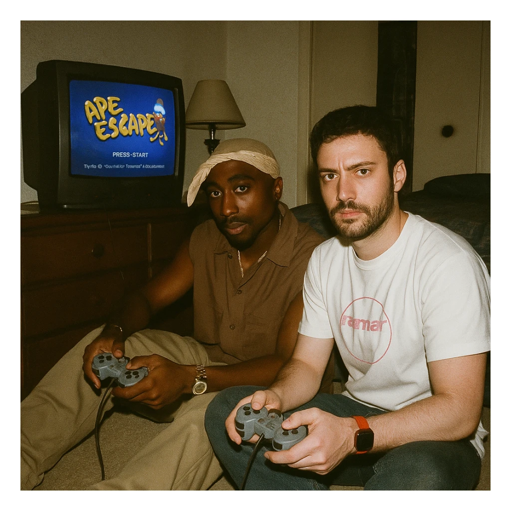 Create a grungy analog photo in 1999 style featuring a famous rapper in Tupac style (not recognizable) and the boy from the reference photo sitting on the floor of a dimly lit bedroom. They are in front of a 90s CRT TV showing Ape Escape on Playstation 1. Both hold Playstation 1 controllers and look towards the camera with flash. The atmosphere is analog, grunge, and unmodified, with the game visible on the screen. sticker