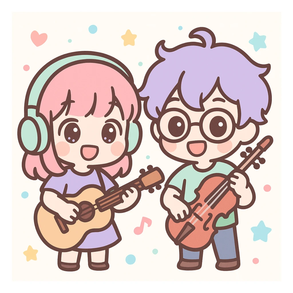 Maretu and Xydrick as chibi musicians, playful expressions, holding musical instruments, colorful background sticker