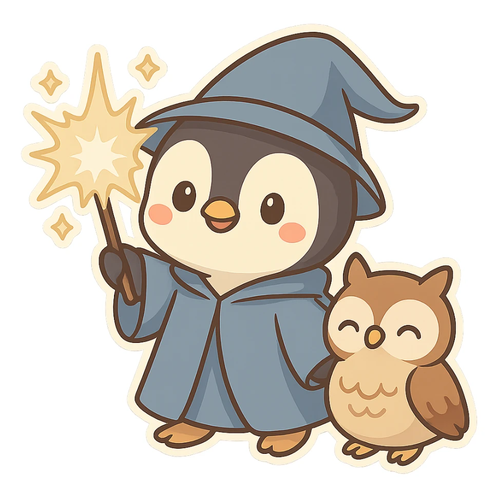 Add a cute pet owl next to the penguin wizard, keeping the whimsical chibi sticker style, with no background. sticker