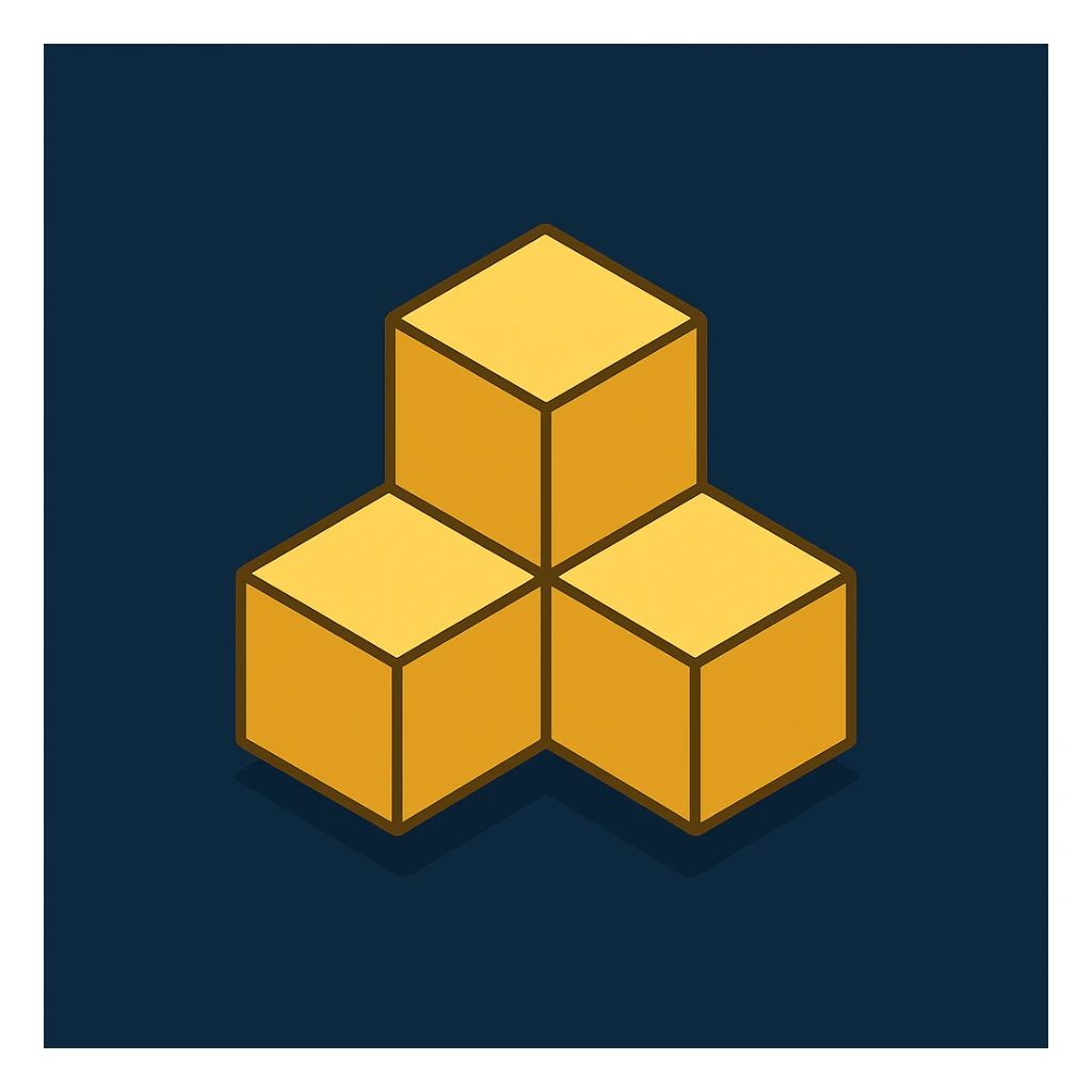 symbol of three golden (#FFD700) cubes connected, two above and one below centered, forming inverted triangle, isometric perspective, clean lines, golden metallic finish, geometric minimalist style, dark blue background sticker