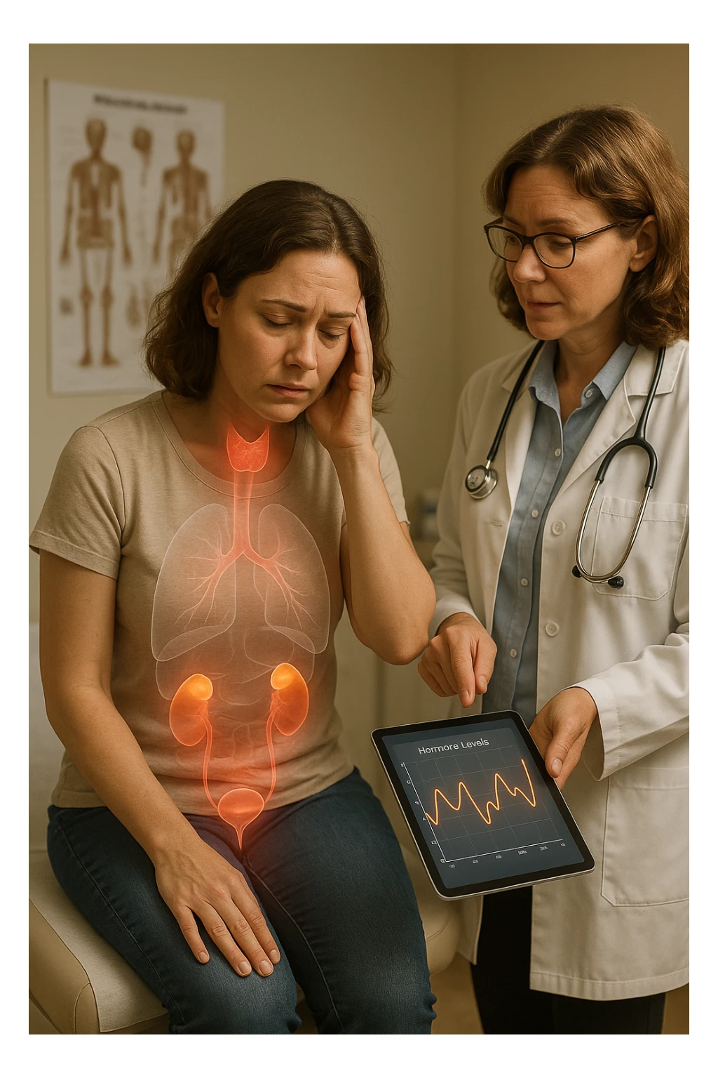 Realistic, vertical medical scene: a woman sits in a doctor’s office, looking fatigued and concerned. A semi-transparent overlay shows her internal organs, with the thyroid, ovaries, and adrenal glands glowing or pulsing in different colors to indicate hormonal imbalance. The doctor points to a digital tablet displaying fluctuating hormone levels. The mood is informative and empathetic. sticker