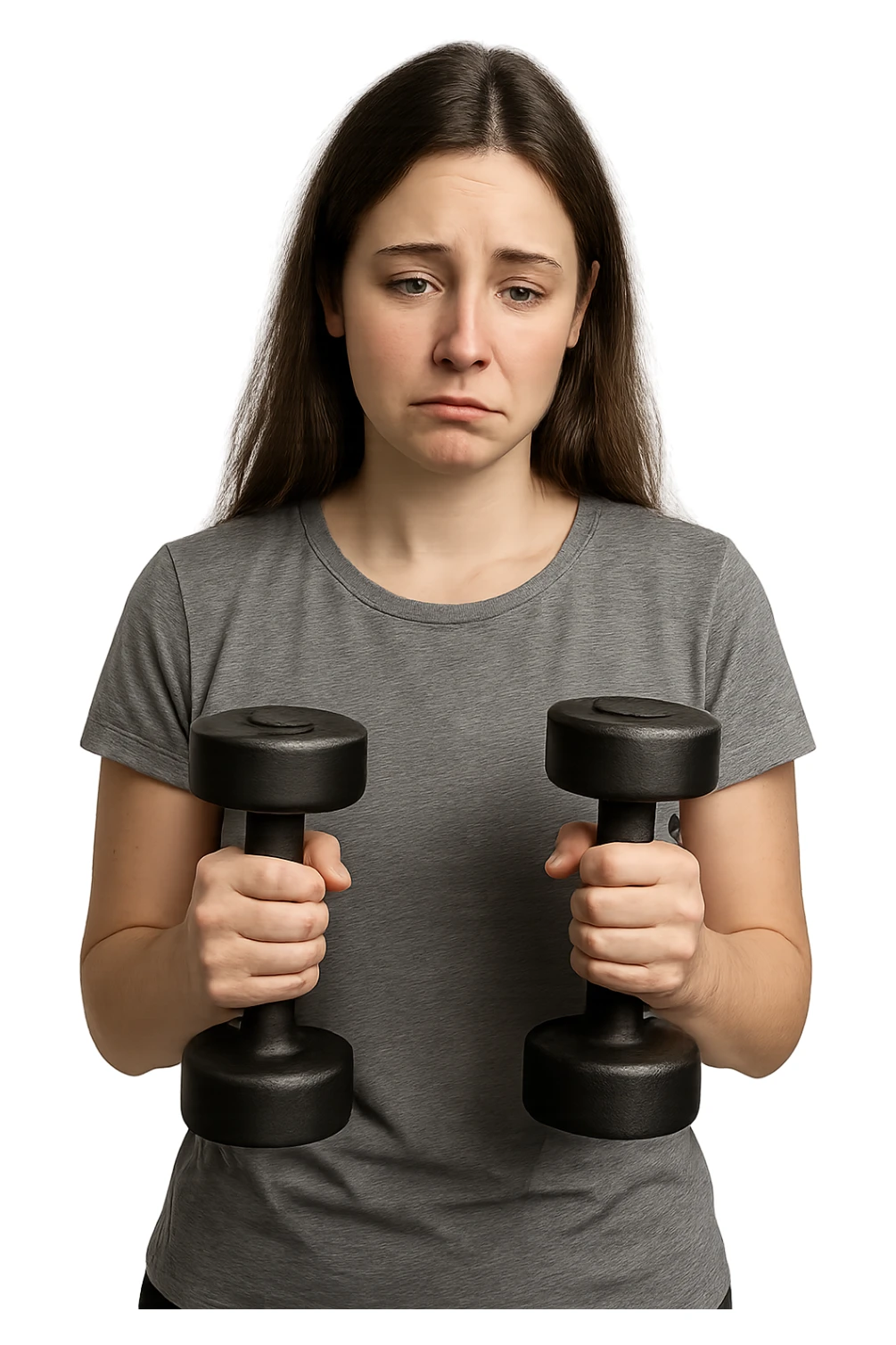 DONNA FITNESS CON MANUBRI DA PALESTRA IN MANO ED ESPRESSIONE TRISTE sticker