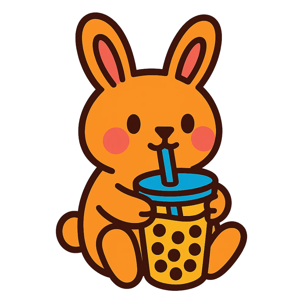 bubble tea bunny sipping boba with both paws, vibrant-toon style sticker