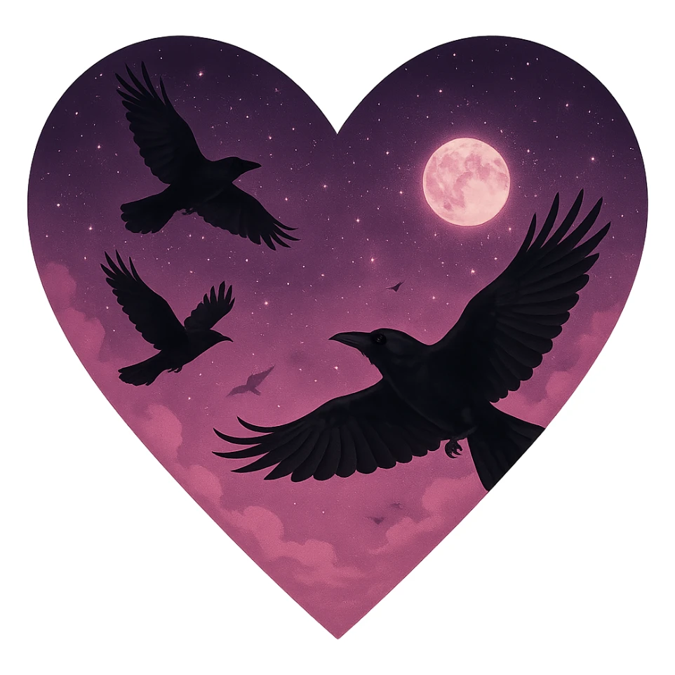  heart with pink night sky and dark ravens, remove background sticker