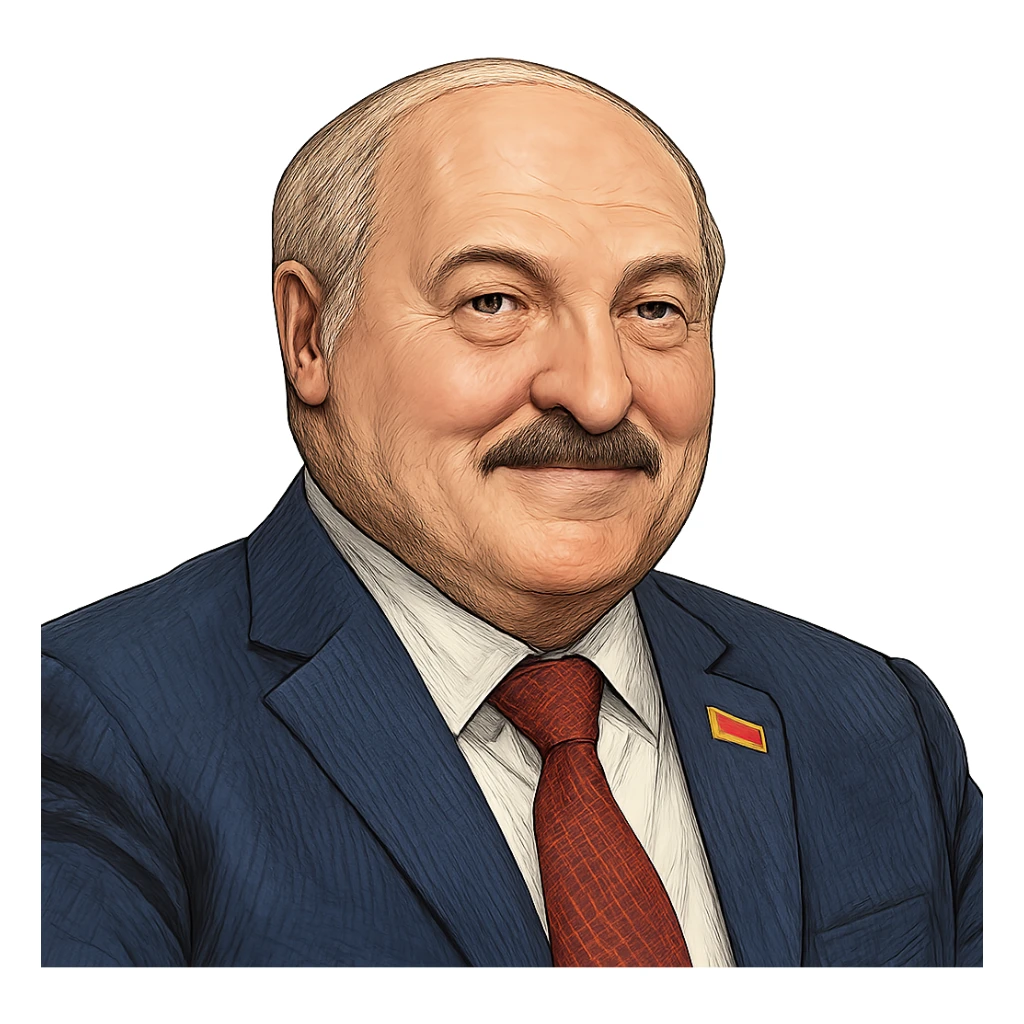 Александр Лукашенко в слегка рисованном, но при это объемный стиле, слегка улыбается, прозрачный фон sticker