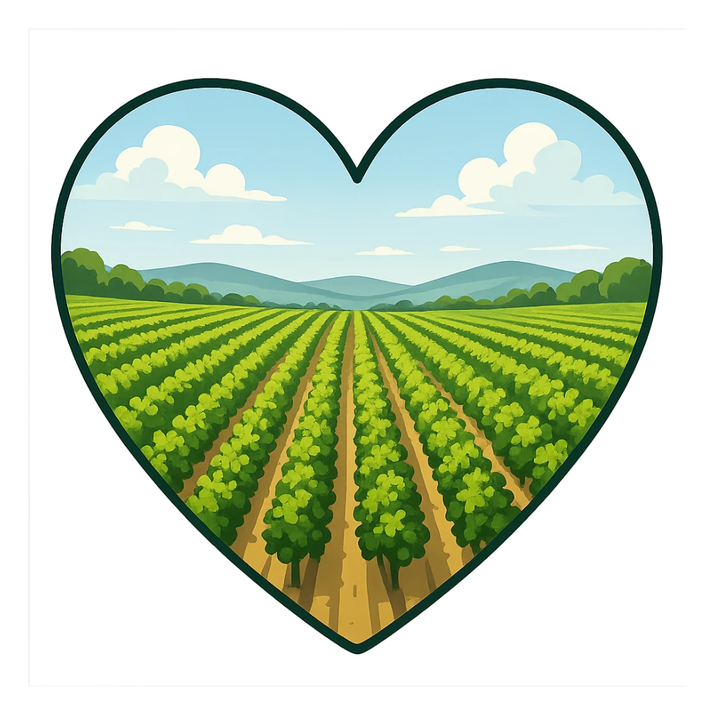 heart with a lush vineyard landscape, clean digital illustration sticker