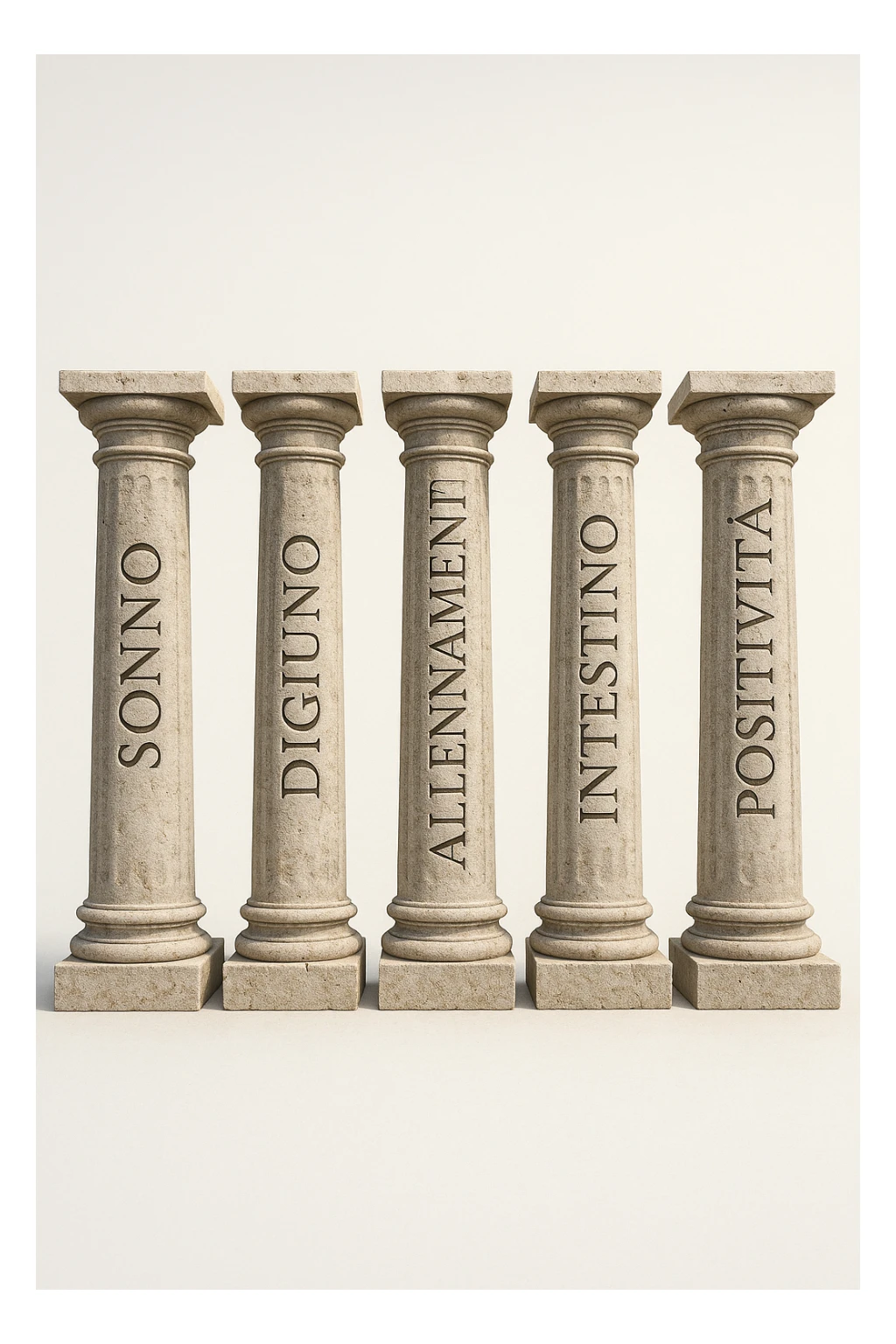 5 pilastri con le scritte "SONNO", "DIGIUNO", "ALLENAMENTO", "INTESTINO", "POSITIVITà" IMMAGINE IPERREALISTICA SFONDO CHIARO IN ITALIANO sticker