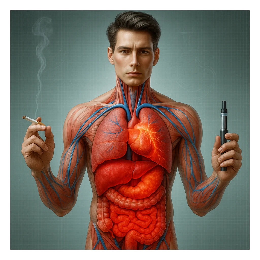 Medical illustration, hyperrealistic 4K, exactly matching the style of the provided reference image: realistic anatomical human body, inflamed liver and intestine highlighted, holding a lit normal cigarette in the right hand and an electronic cigarette in the left hand, clear background, extremely detailed, same lighting and style as reference. sticker