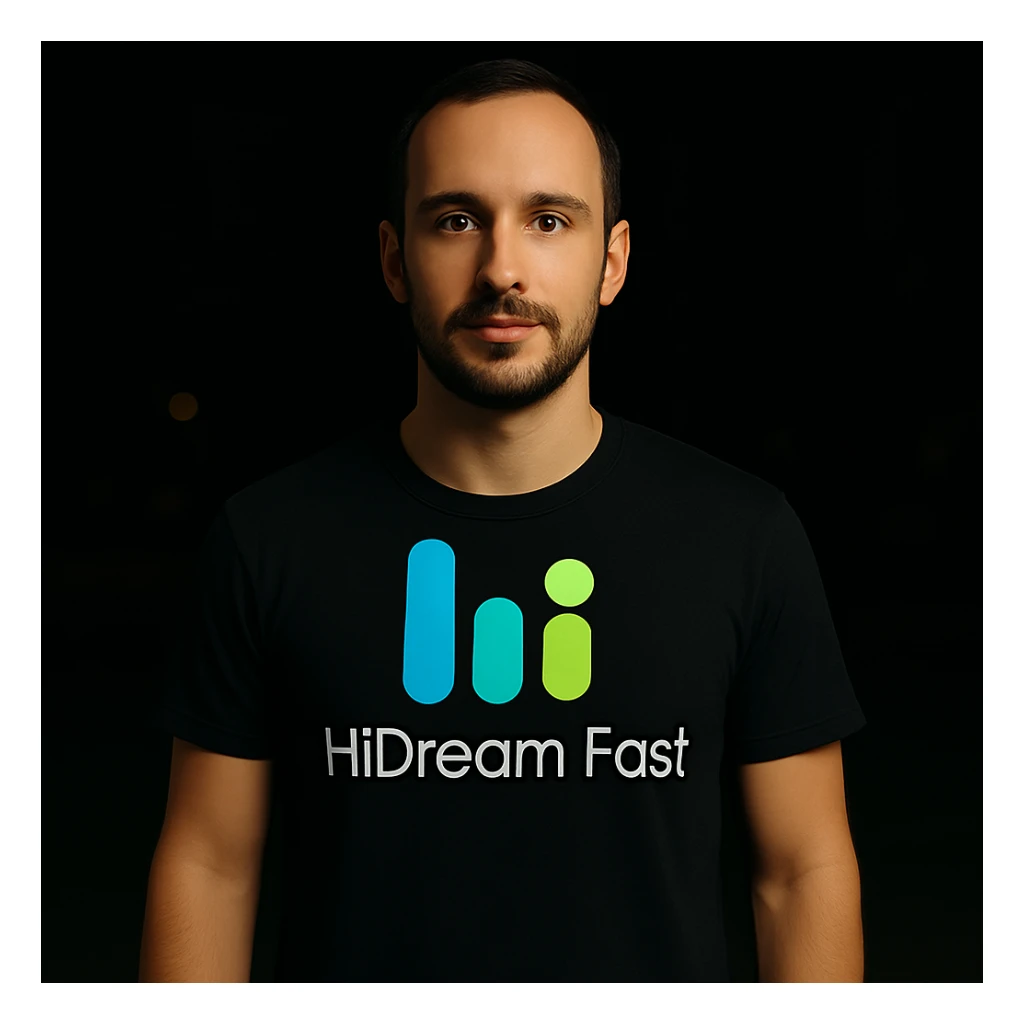 man wearing tshirt with this logo, dark night background with dim , add fast below logo, make man fit into image, add fast insead pf the dev keep rest same sticker