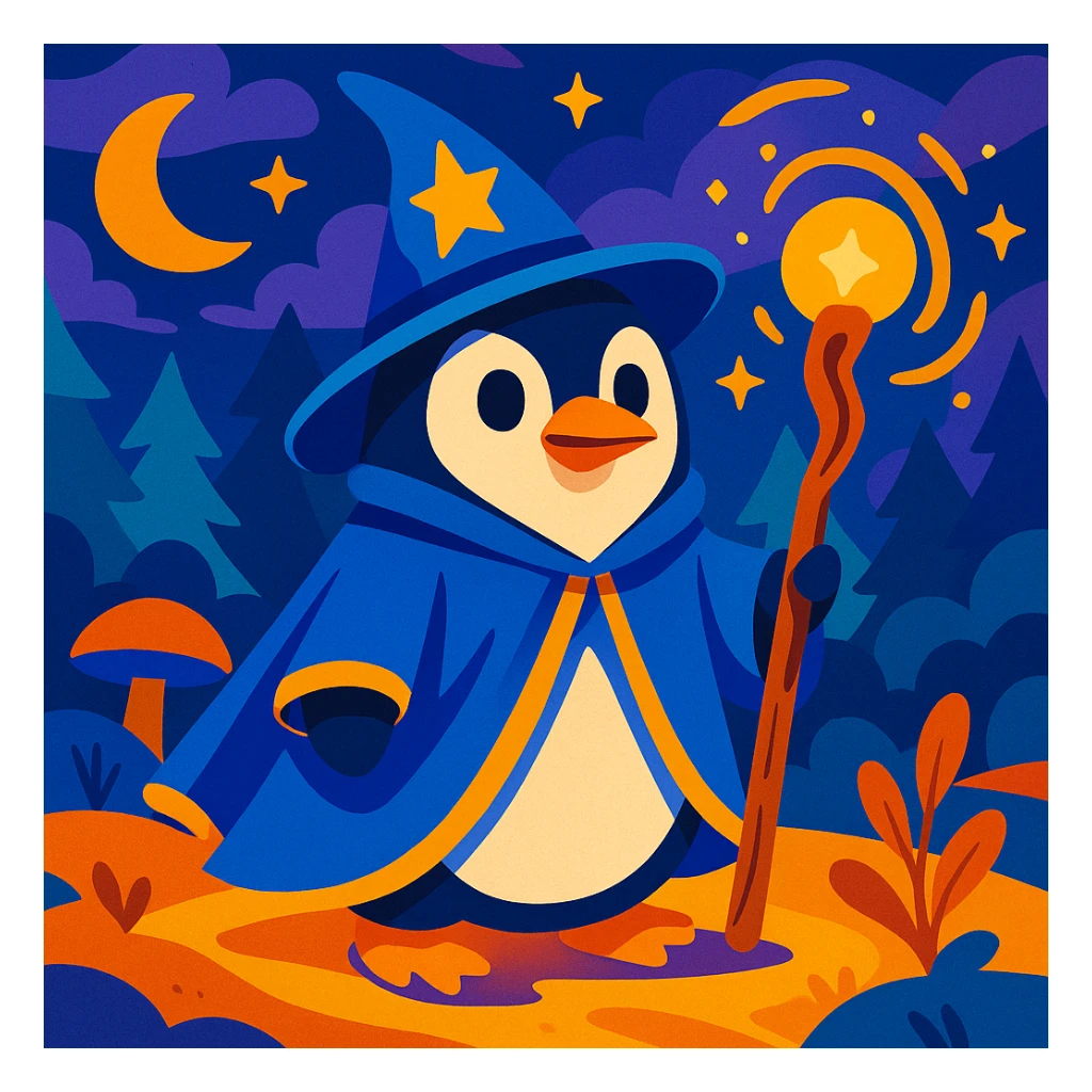 a penguin dressed as a wizard, wearing a pointed hat and holding a magic staff, in a magical setting, vibrant and whimsical style sticker