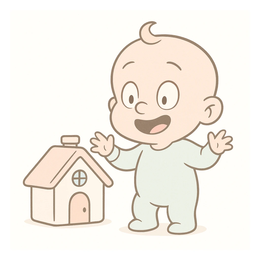 Make the colors softer, using very light pastel tones. Keep the baby house, flat design, round edges, and white background. sticker