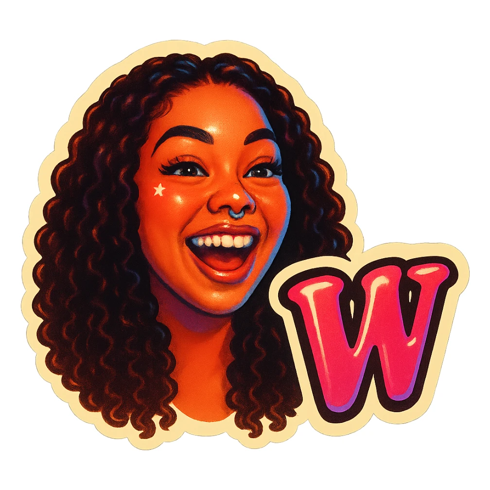excited smiling
add the words W in pink sticker