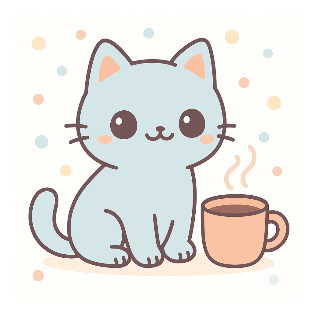 a relaxed cat sitting with a steaming coffee cup, kawaii style sticker