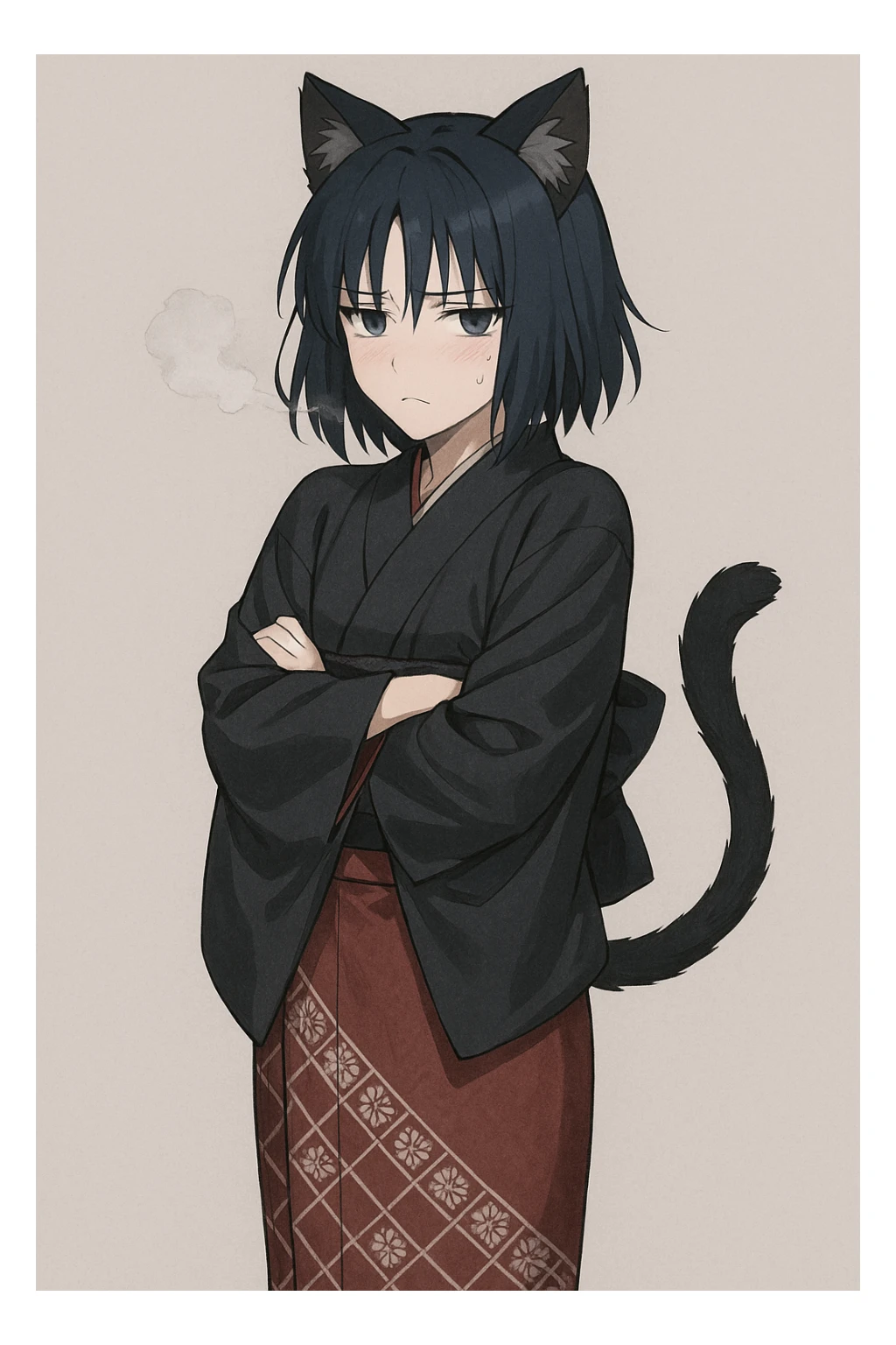 Ryougi Shiki with cat ears and cat tail, looking cold, wearing her signature outfit sticker