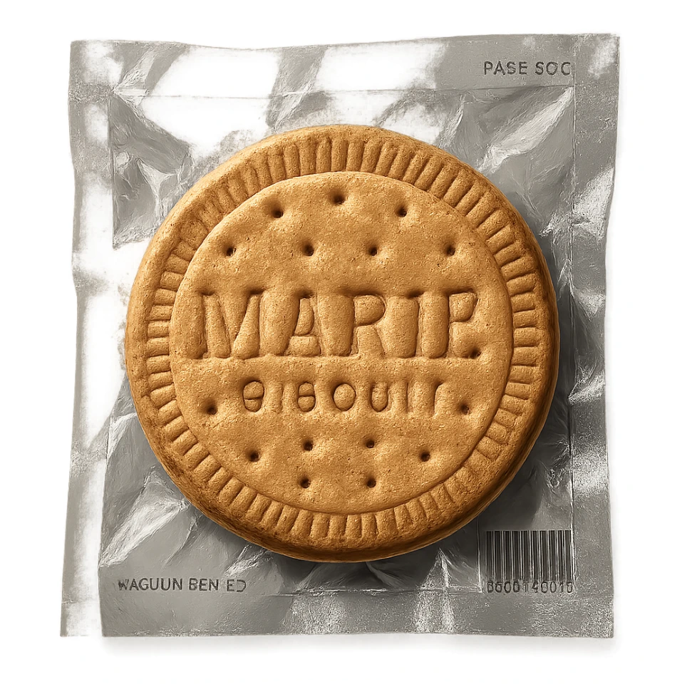 a circular Marie tea biscuit, tightly vacuum-sealed in clear plastic sticker