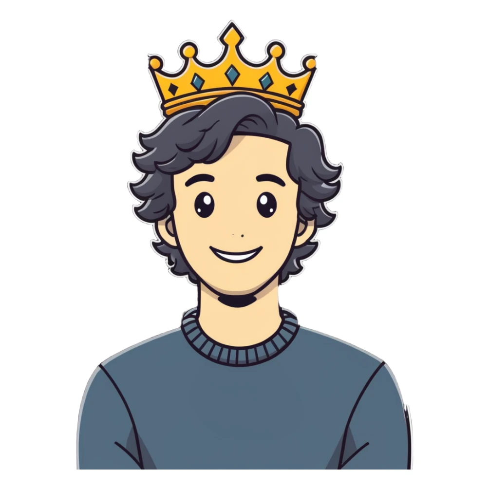 Guy with wavy hair and hands on neck smiling with a crown  sticker