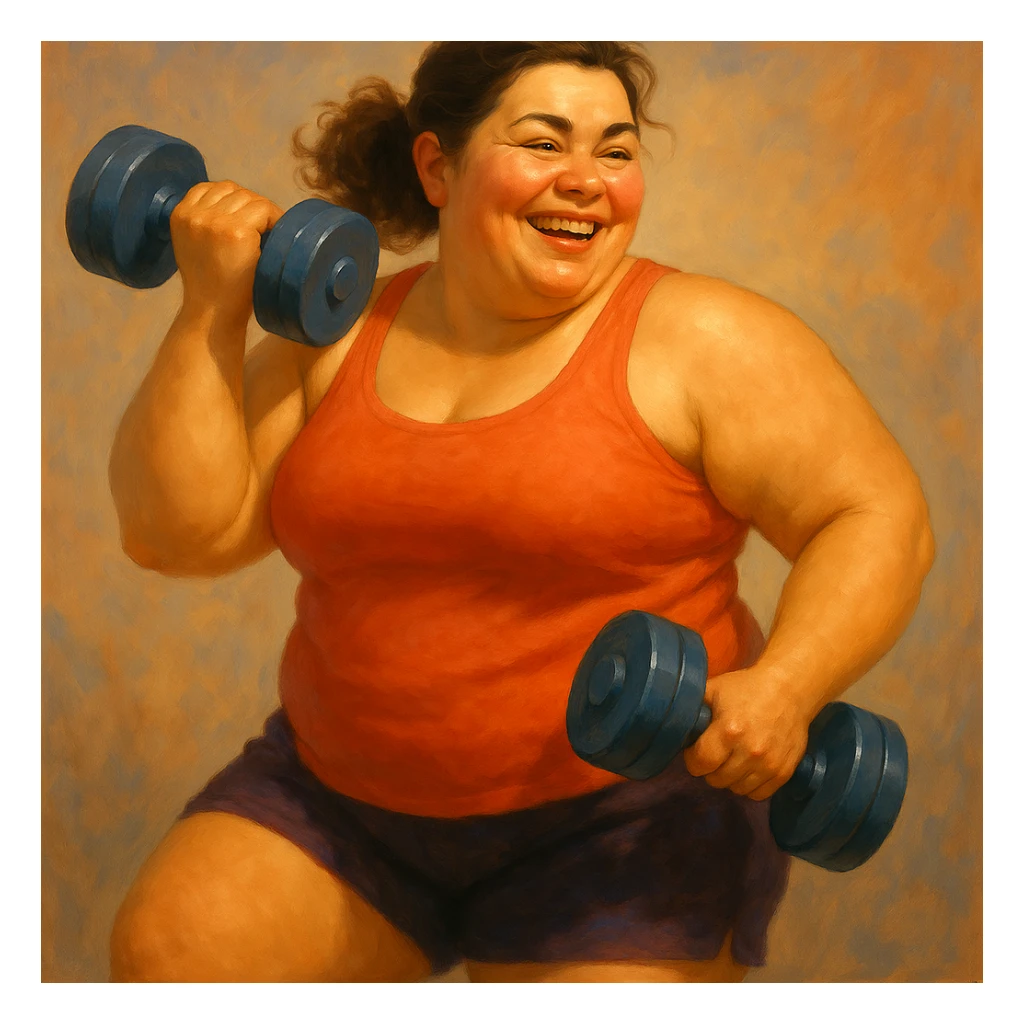 Make the dumbbells much larger while preserving the digital painting style and the smiling expression, keeping the artistic and friendly look. sticker