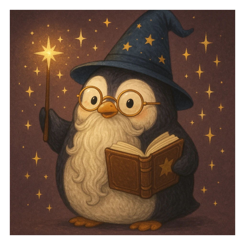 a chubby penguin wizard with glasses, a long beard, and a spellbook, surrounded by sparkles sticker