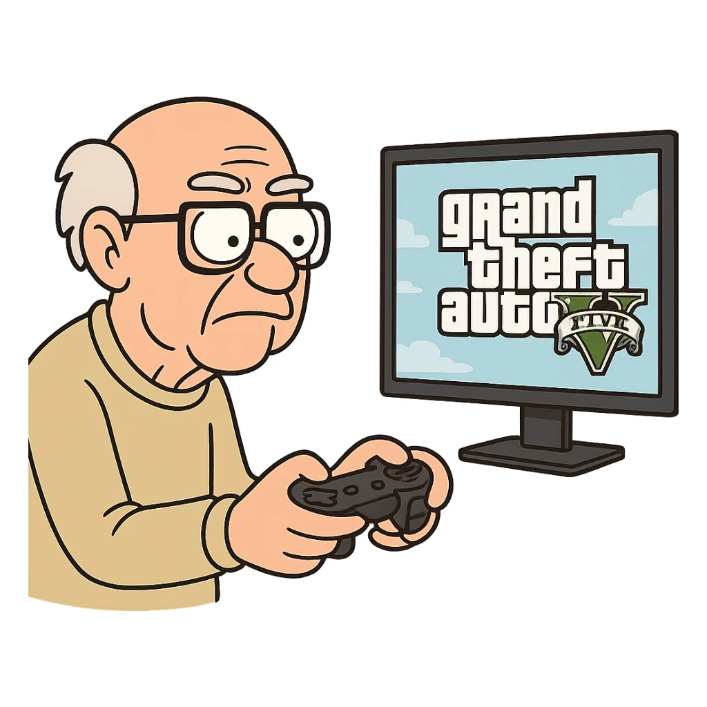 an old man with glasses holding a video game controller, focused in front of a screen displaying GTA V, cartoon style sticker